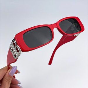 Balenciaga BB0096S 015 BRAND NEW Sunglasses Red Silver Logo Rectangle Unisex